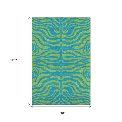 8' X 10' Teal And Lime Green Animal Print Washable Area Rug With UV Protection