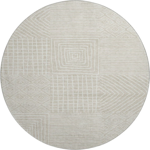 8' Beige And Ivory Geometric Washable Round Rug With UV Protection