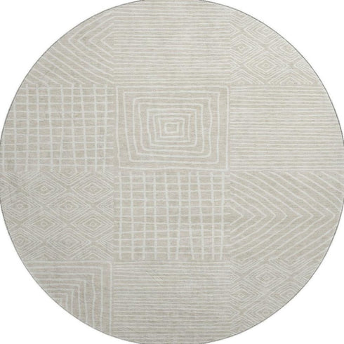 8' Beige And Ivory Geometric Washable Round Rug With UV Protection