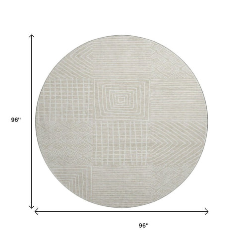 8' Beige And Ivory Geometric Washable Round Rug With UV Protection