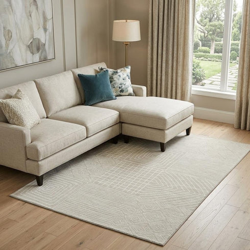 8' X 10' Beige And Ivory Geometric Washable Area Rug With UV Protection