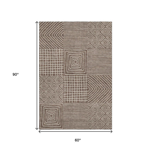 5' X 8' Brown And Beige Geometric Washable Area Rug With UV Protection