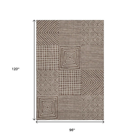 8' X 10' Brown And Beige Geometric Washable Area Rug With UV Protection
