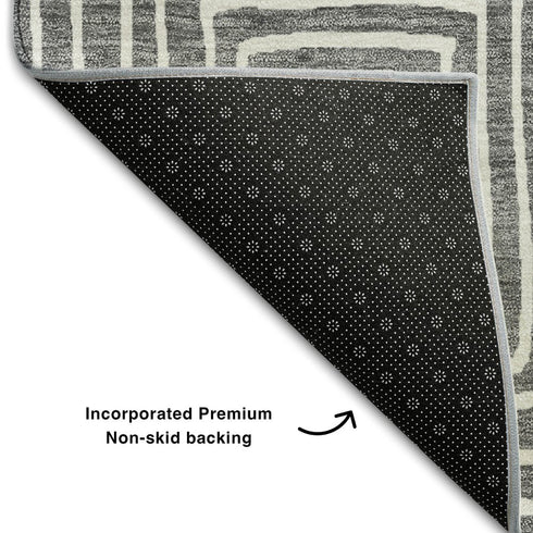5' X 8' Charcoal And Ivory Geometric Washable Area Rug With UV Protection