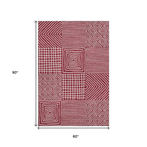 5' X 8' Burgundy And Ivory Geometric Washable Area Rug With UV Protection