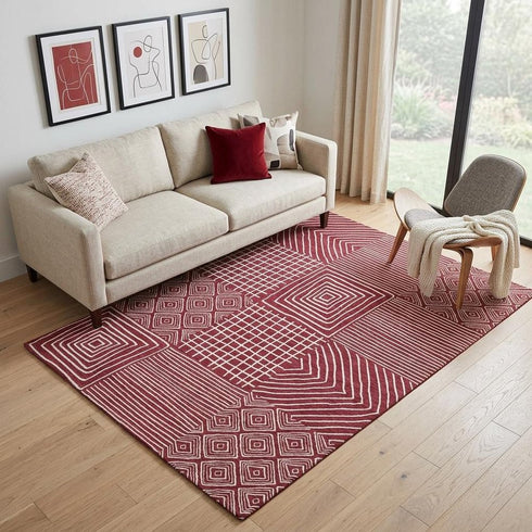 5' X 8' Burgundy And Ivory Geometric Washable Area Rug With UV Protection