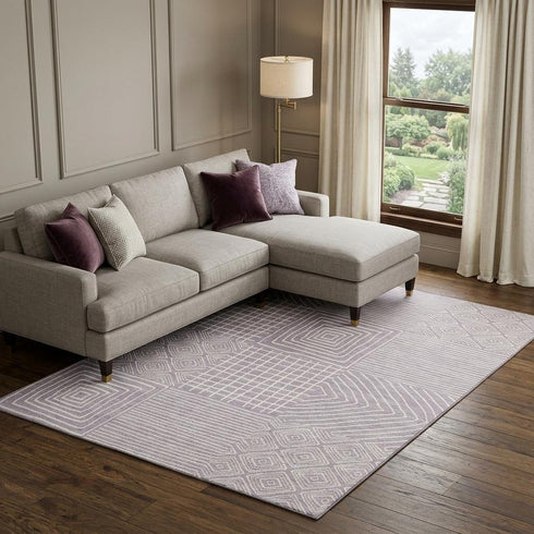 8' X 10' Lavender And Ivory Geometric Washable Area Rug With UV Protection