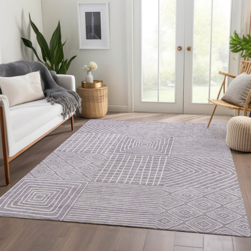 8' X 10' Lavender And Ivory Geometric Washable Area Rug With UV Protection
