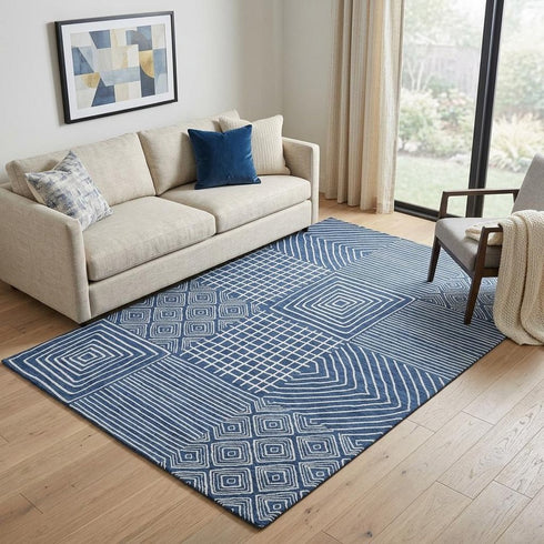 5' X 8' Navy Blue And Ivory Geometric Washable Area Rug With UV Protection