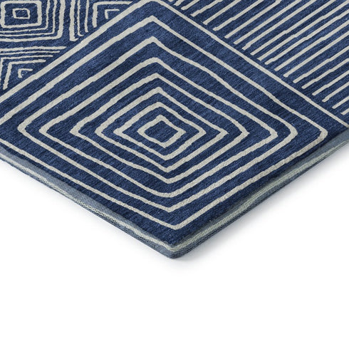 5' X 8' Navy Blue And Ivory Geometric Washable Area Rug With UV Protection