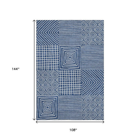 9' X 12' Navy Blue And Ivory Geometric Washable Area Rug With UV Protection