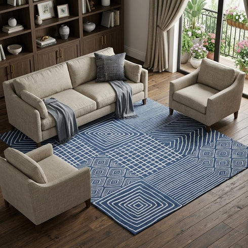 9' X 12' Navy Blue And Ivory Geometric Washable Area Rug With UV Protection