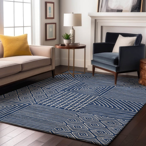 9' X 12' Navy Blue And Ivory Geometric Washable Area Rug With UV Protection