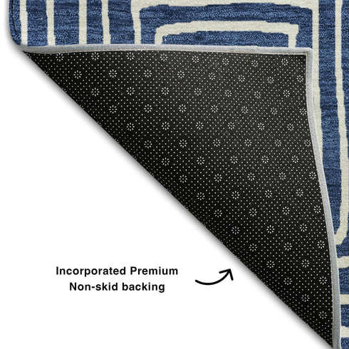 9' X 12' Navy Blue And Ivory Geometric Washable Area Rug With UV Protection