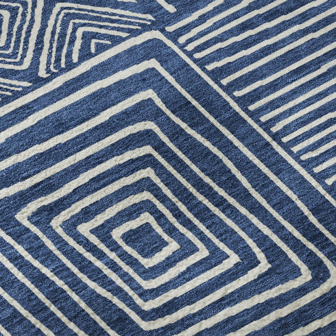 9' X 12' Navy Blue And Ivory Geometric Washable Area Rug With UV Protection