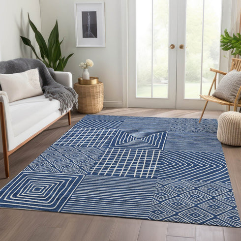 9' X 12' Navy Blue And Ivory Geometric Washable Area Rug With UV Protection