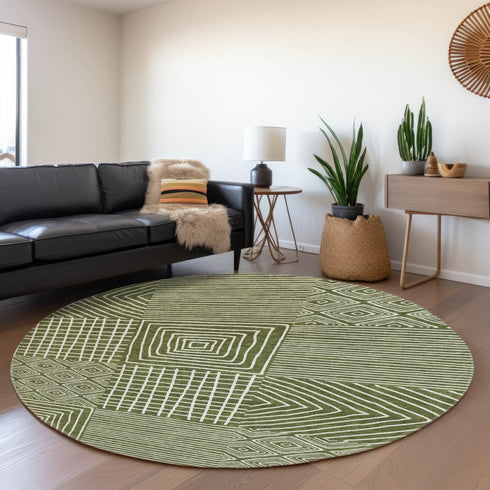 8' Olive Green And Ivory Geometric Washable Round Rug With UV Protection