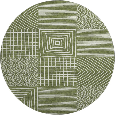 8' Olive Green And Ivory Geometric Washable Round Rug With UV Protection