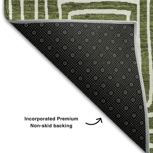 8' Olive Green And Ivory Geometric Washable Round Rug With UV Protection