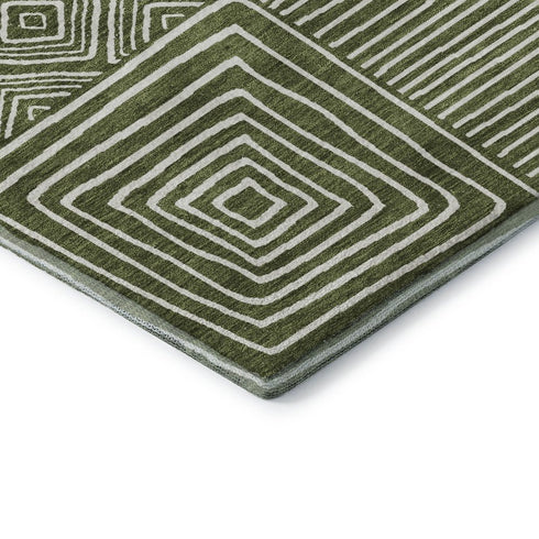 8' Olive Green And Ivory Geometric Washable Round Rug With UV Protection