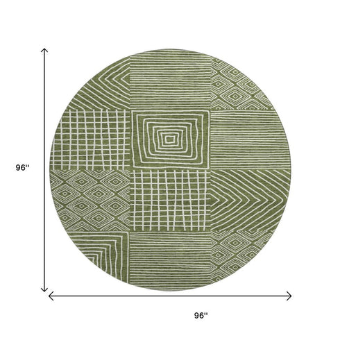 8' Olive Green And Ivory Geometric Washable Round Rug With UV Protection