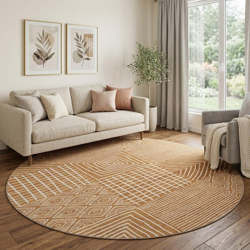 8' Rust And Beige Geometric Washable Round Rug With UV Protection