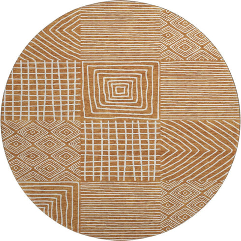 8' Rust And Beige Geometric Washable Round Rug With UV Protection