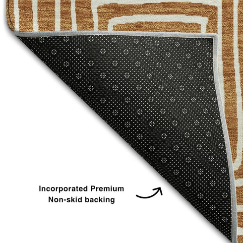 8' Rust And Beige Geometric Washable Round Rug With UV Protection