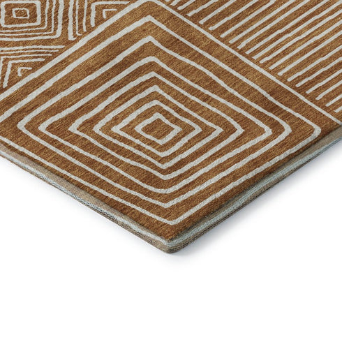 8' Rust And Beige Geometric Washable Round Rug With UV Protection