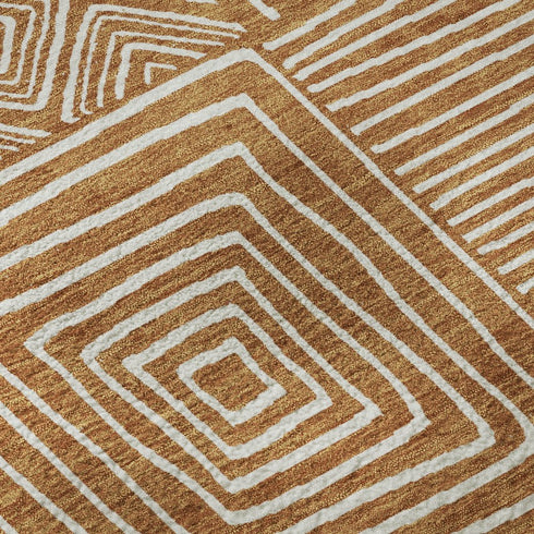 8' Rust And Beige Geometric Washable Round Rug With UV Protection