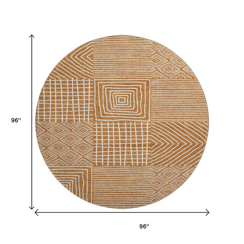 8' Rust And Beige Geometric Washable Round Rug With UV Protection