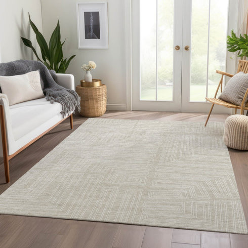 9' X 12' Beige And Ivory Geometric Washable Area Rug With UV Protection