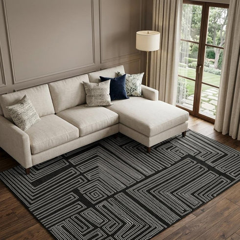 8' X 10' Black And Ivory Geometric Washable Area Rug With UV Protection