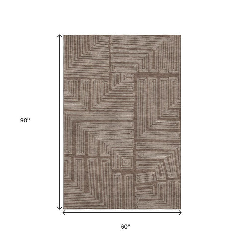 5' X 8' Brown And Beige Geometric Washable Area Rug With UV Protection
