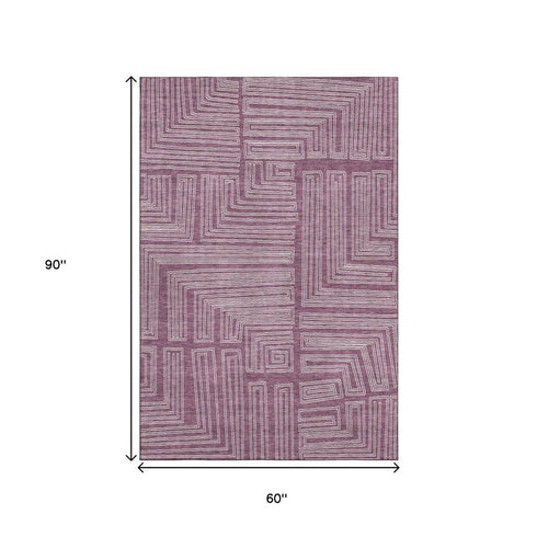 5' X 8' Eggplant And Ivory Geometric Washable Area Rug With UV Protection