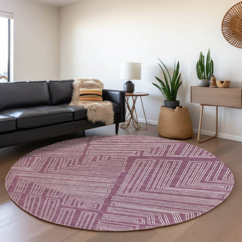 8' Eggplant And Ivory Geometric Washable Round Rug With UV Protection
