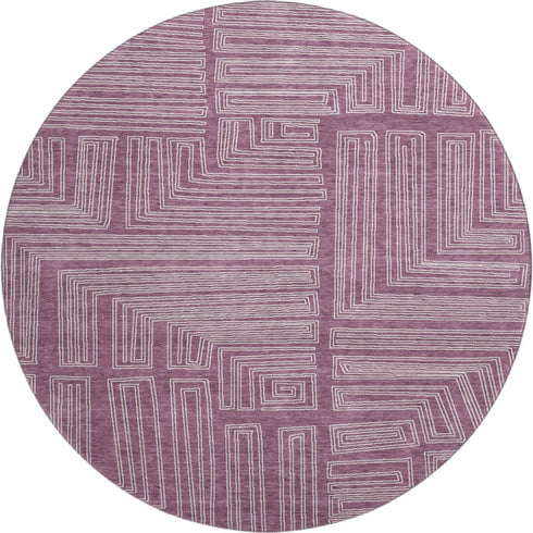 8' Eggplant And Ivory Geometric Washable Round Rug With UV Protection