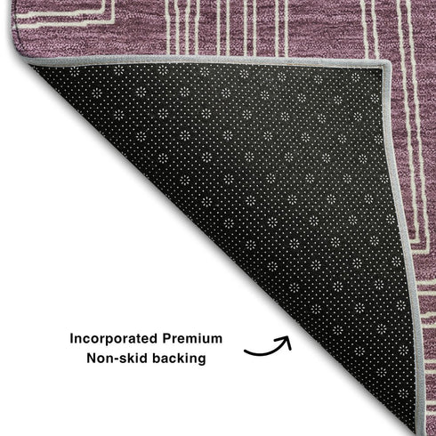 8' Eggplant And Ivory Geometric Washable Round Rug With UV Protection