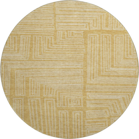 8' Gold And Ivory Geometric Washable Round Rug With UV Protection