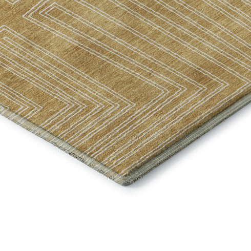 8' Gold And Ivory Geometric Washable Round Rug With UV Protection