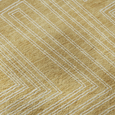 8' Gold And Ivory Geometric Washable Round Rug With UV Protection