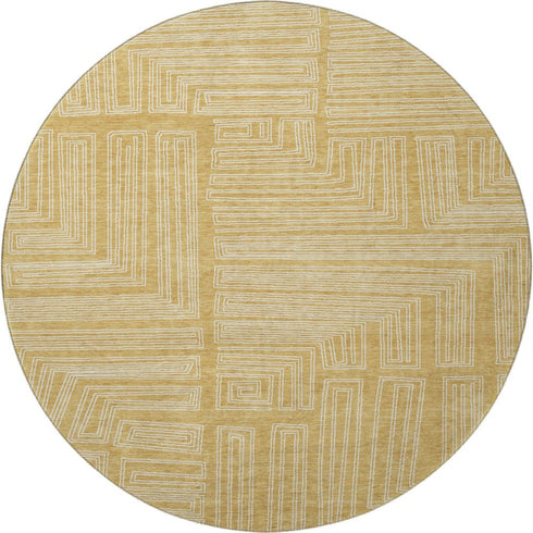 8' Gold And Ivory Geometric Washable Round Rug With UV Protection