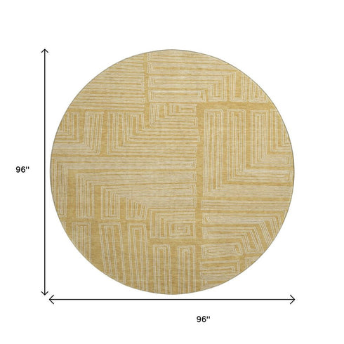 8' Gold And Ivory Geometric Washable Round Rug With UV Protection