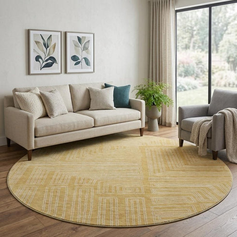 8' Gold And Ivory Geometric Washable Round Rug With UV Protection