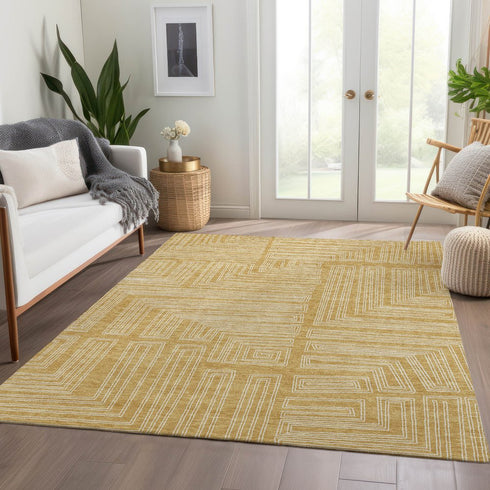 8' X 10' Gold And Ivory Geometric Washable Area Rug With UV Protection