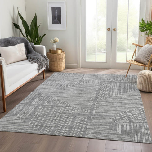 8' X 10' Gray And Ivory Geometric Washable Area Rug With UV Protection