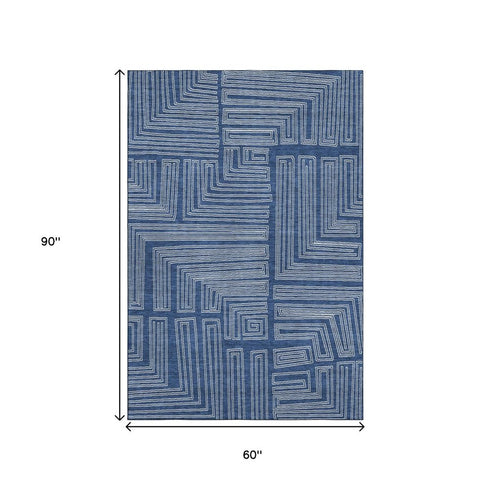 5' X 8' Navy Blue And Ivory Geometric Washable Area Rug With UV Protection