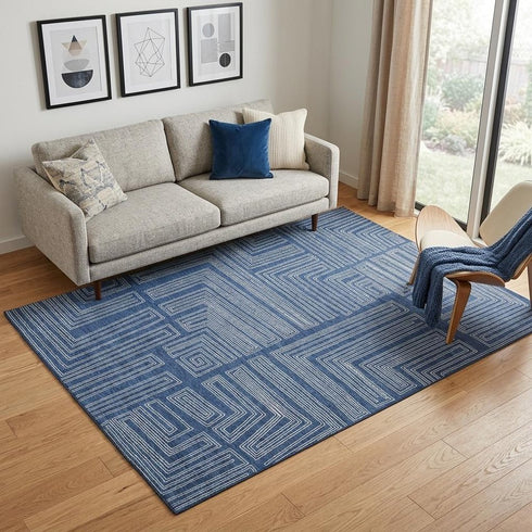 5' X 8' Navy Blue And Ivory Geometric Washable Area Rug With UV Protection
