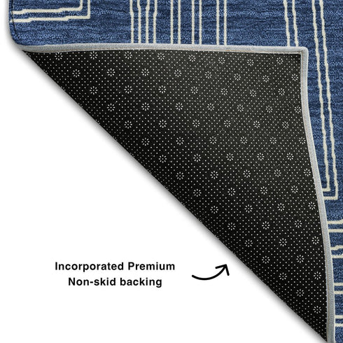5' X 8' Navy Blue And Ivory Geometric Washable Area Rug With UV Protection