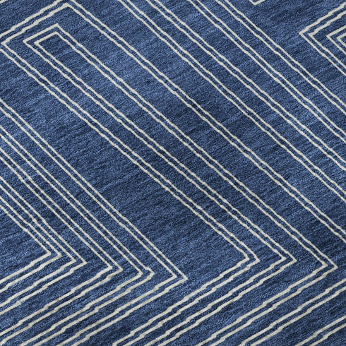 5' X 8' Navy Blue And Ivory Geometric Washable Area Rug With UV Protection